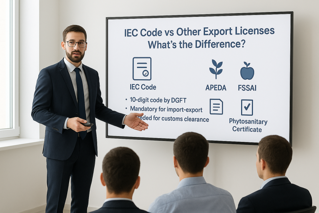Man explaining IEC Code to three people, with icons of other export licenses on a board in a modern office.