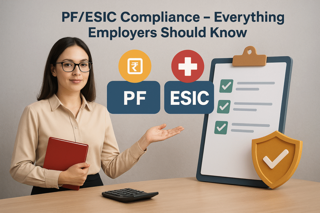 Professional woman in beige blouse and black skirt holding a red binder and gesturing toward PF and ESIC icons, with a large checklist on a clipboard and a shield icon in the background, illustrating PF/ESIC compliance information.