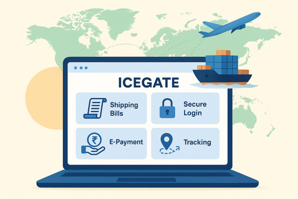 A digital illustration of the ICEGATE portal on a laptop screen showing options like Shipping Bills, Secure Login, E-Payment, and Tracking, with a cargo ship, airplane, and a world map in the background.