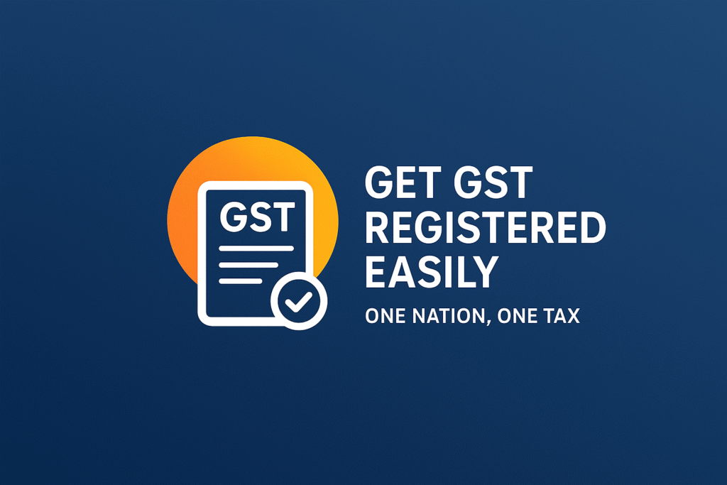 "Professional GST registration concept illustration featuring tax documents, financial charts, currency symbols, and an abstract corporate background in blue and white tones."
