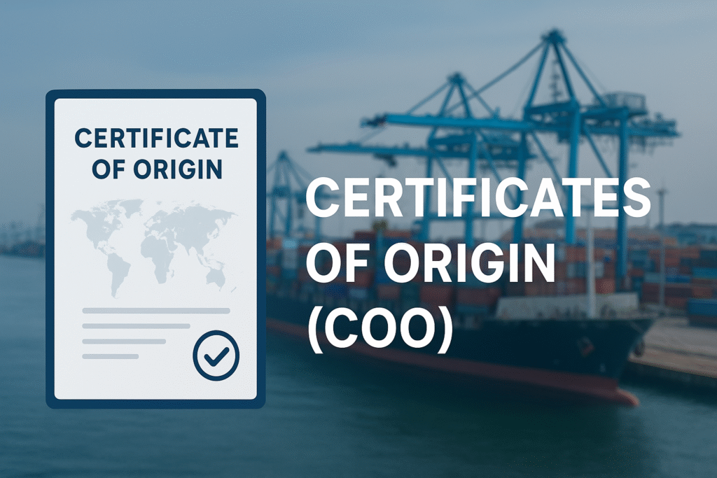 Professional website banner for Certificates of Origin (COO) featuring a modern digital certificate design with a subtle world map watermark, embossed seal, and authenticity checkmark. Background shows a realistic, slightly blurred international port with cargo ships, containers, and cranes. Clean corporate color palette (blue, white, grey) with space on the right for text.