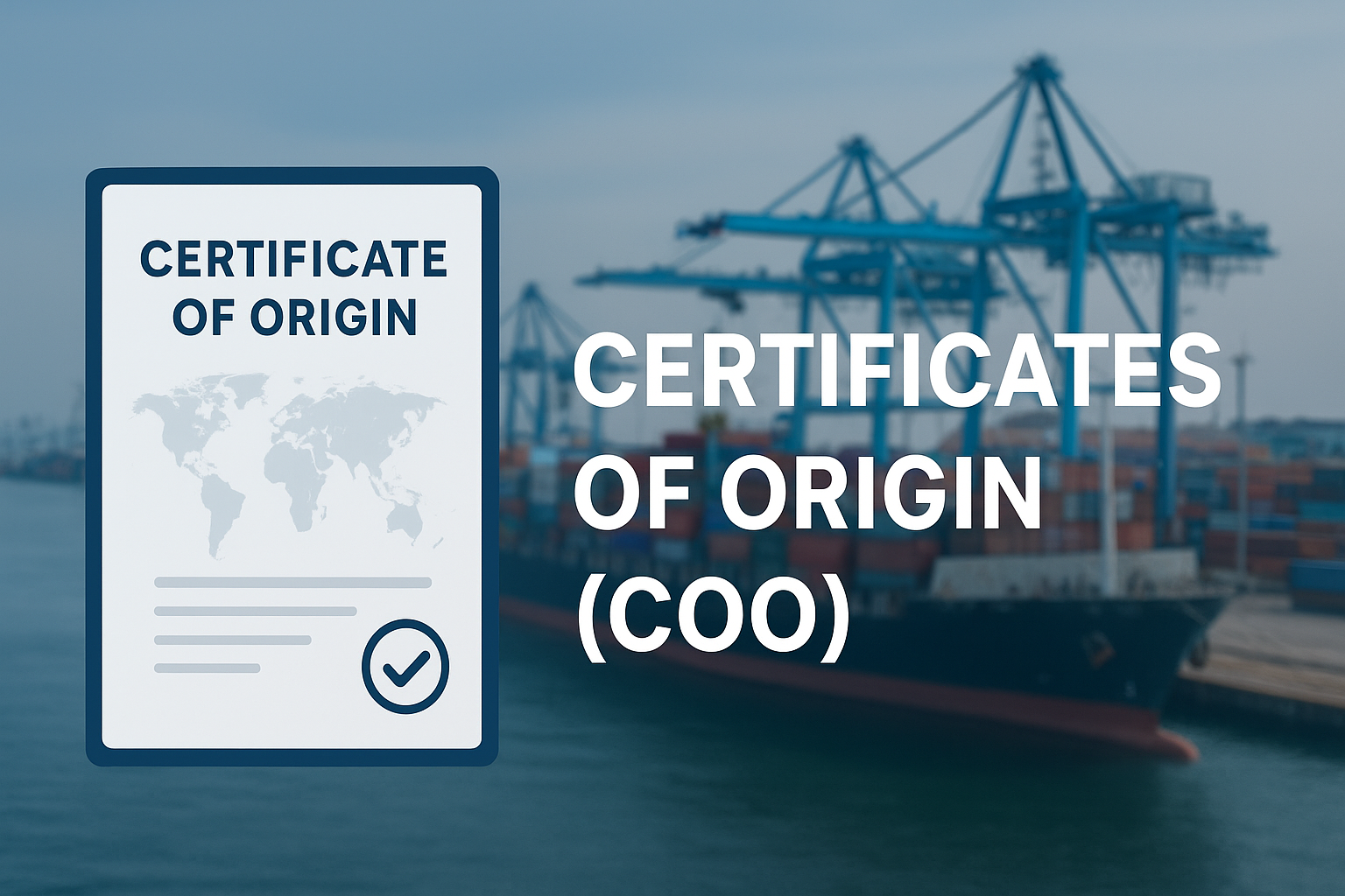 Professional website banner for Certificates of Origin (COO) featuring a modern digital certificate design with a subtle world map watermark, embossed seal, and authenticity checkmark. Background shows a realistic, slightly blurred international port with cargo ships, containers, and cranes. Clean corporate color palette (blue, white, grey) with space on the right for text.
