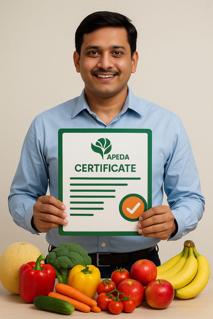 "Illustration of APEDA registration certificate with fruits, vegetables, and export icons representing agricultural export benefits in India."