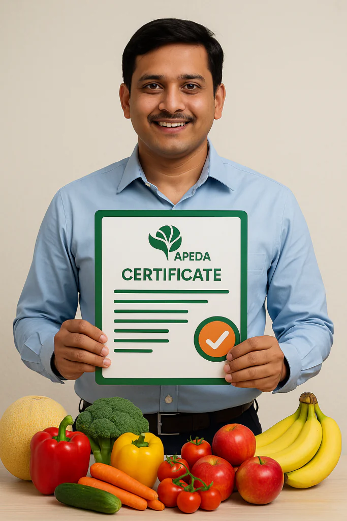 "Illustration of APEDA registration certificate with fruits, vegetables, and export icons representing agricultural export benefits in India."