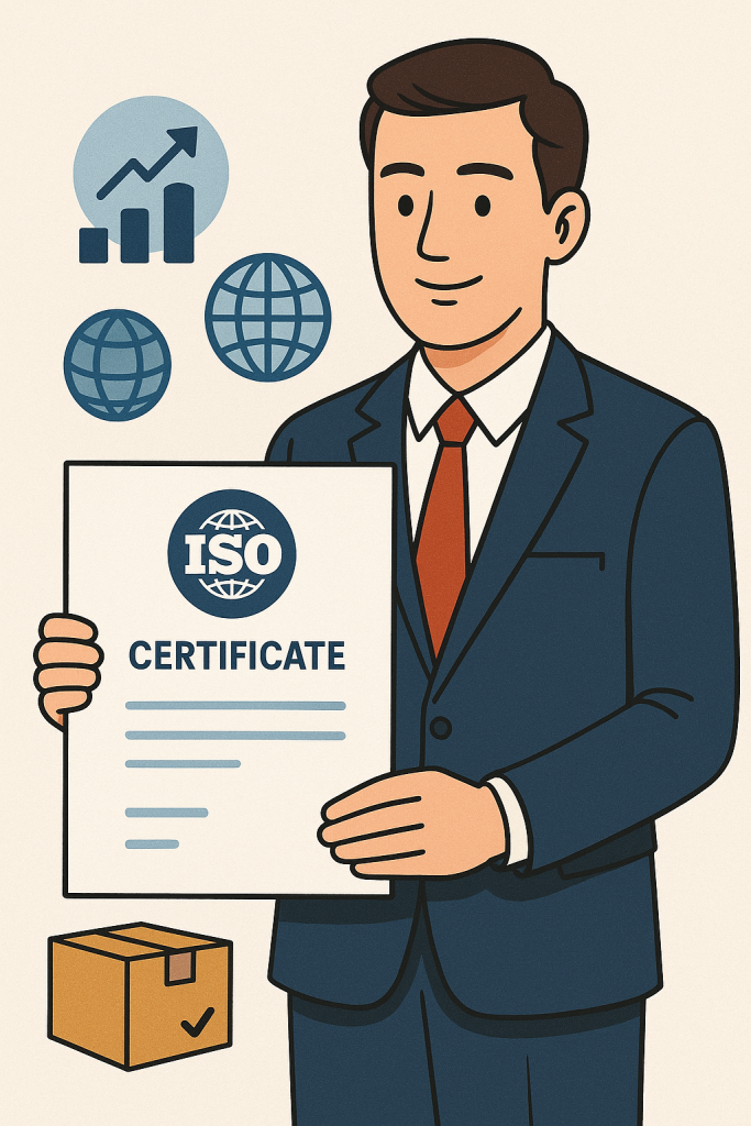 "Businessman in formal suit holding an ISO certification certificate, symbolizing quality management, global standards, and professional recognition in India."