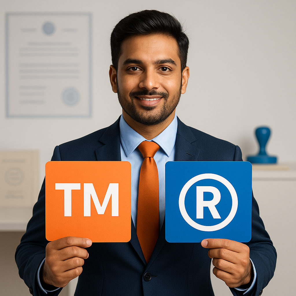 An Indian businessman wearing a navy blue suit and orange tie stands in an office environment, confidently holding two square signs – one orange with the ™ trademark symbol and one blue with the ® registered trademark symbol – representing the difference between unregistered and registered trademarks in India.