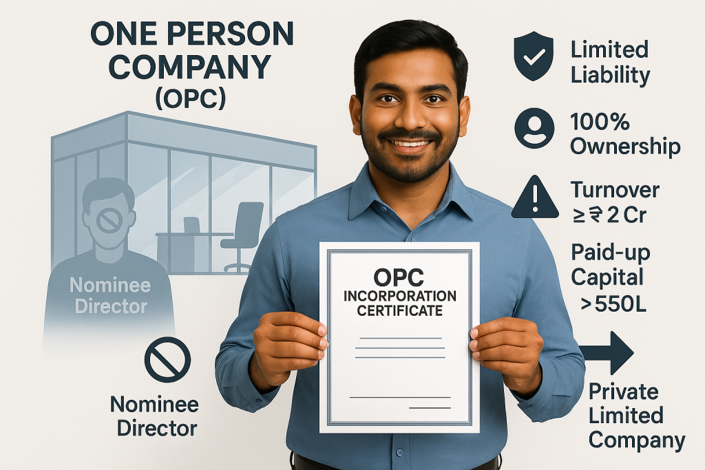 Man holding OPC certificate with office graphic, key features like limited liability, 100% ownership, and OPC conversion info."