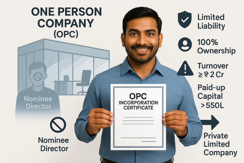 Man holding OPC certificate with office graphic, key features like limited liability, 100% ownership, and OPC conversion info."