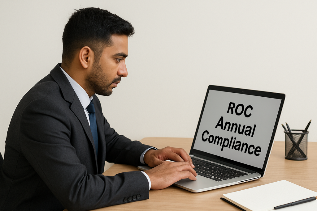 A professional Indian man in formal attire is sitting at a desk, working on a laptop that displays the words "ROC Annual Compliance" on the screen. The setting includes a notepad, pens, and a tidy workspace, symbolizing annual legal filings like ADT-1, AOC-4, and MGT-7 under the Ministry of Corporate Affairs (MCA). The image represents the importance of timely compliance to avoid penalties and maintain company credibility.