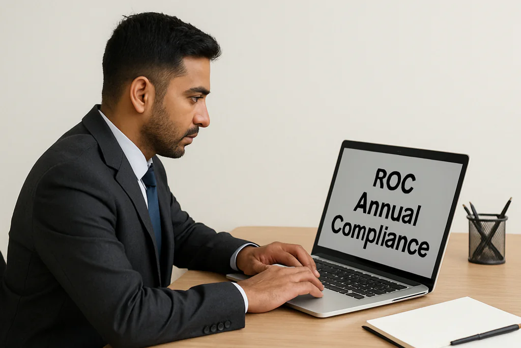 A professional Indian man in formal attire is sitting at a desk, working on a laptop that displays the words "ROC Annual Compliance" on the screen. The setting includes a notepad, pens, and a tidy workspace, symbolizing annual legal filings like ADT-1, AOC-4, and MGT-7 under the Ministry of Corporate Affairs (MCA). The image represents the importance of timely compliance to avoid penalties and maintain company credibility.