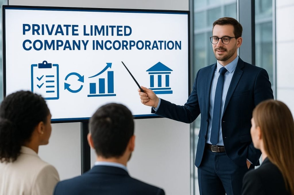 Infographic titled “Private Limited Company Incorporation – A Quick Guide” showing key benefits and basic requirements in bullet points on a clean white background.