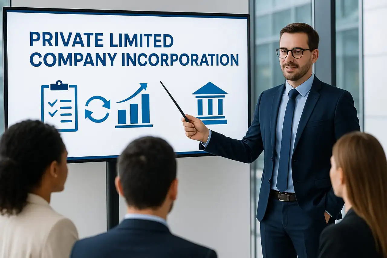Infographic titled “Private Limited Company Incorporation – A Quick Guide” showing key benefits and basic requirements in bullet points on a clean white background.