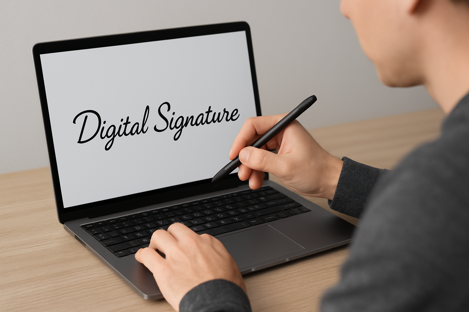 Digital Signecher on laptop screen." "Person signing document digitally." "Secure online digital signature." "Private and public key encryption." "Verified electronic document."