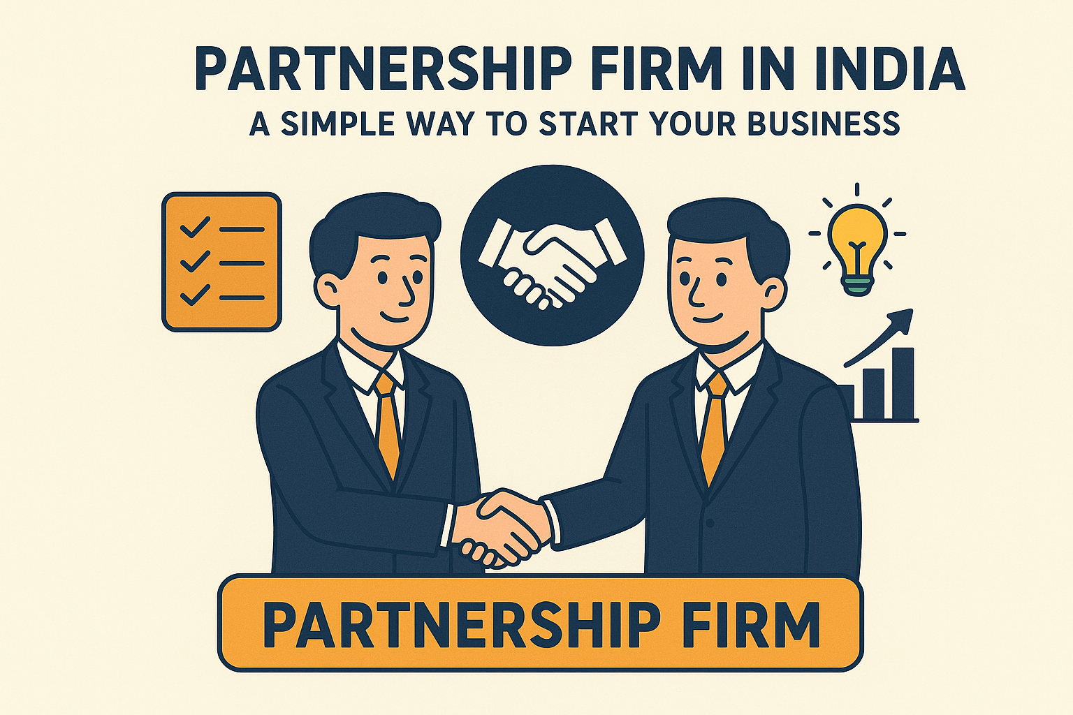 Two business partners in suits shaking hands under the heading “Partnership Firm in India.”