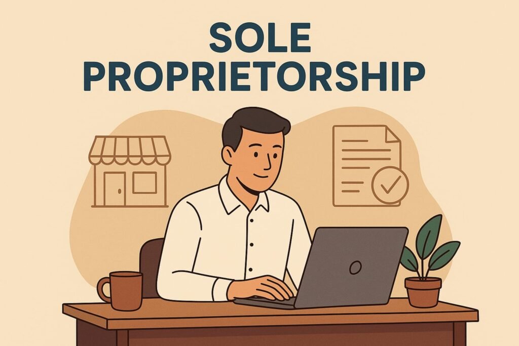 Illustration of a sole proprietorship concept showing a shop owner working on a laptop at a desk, with a small storefront and cash register in the background. The text reads “SOLE PROPRIETORSHIP – Simple • Flexible • Owned by One” on a blue background.