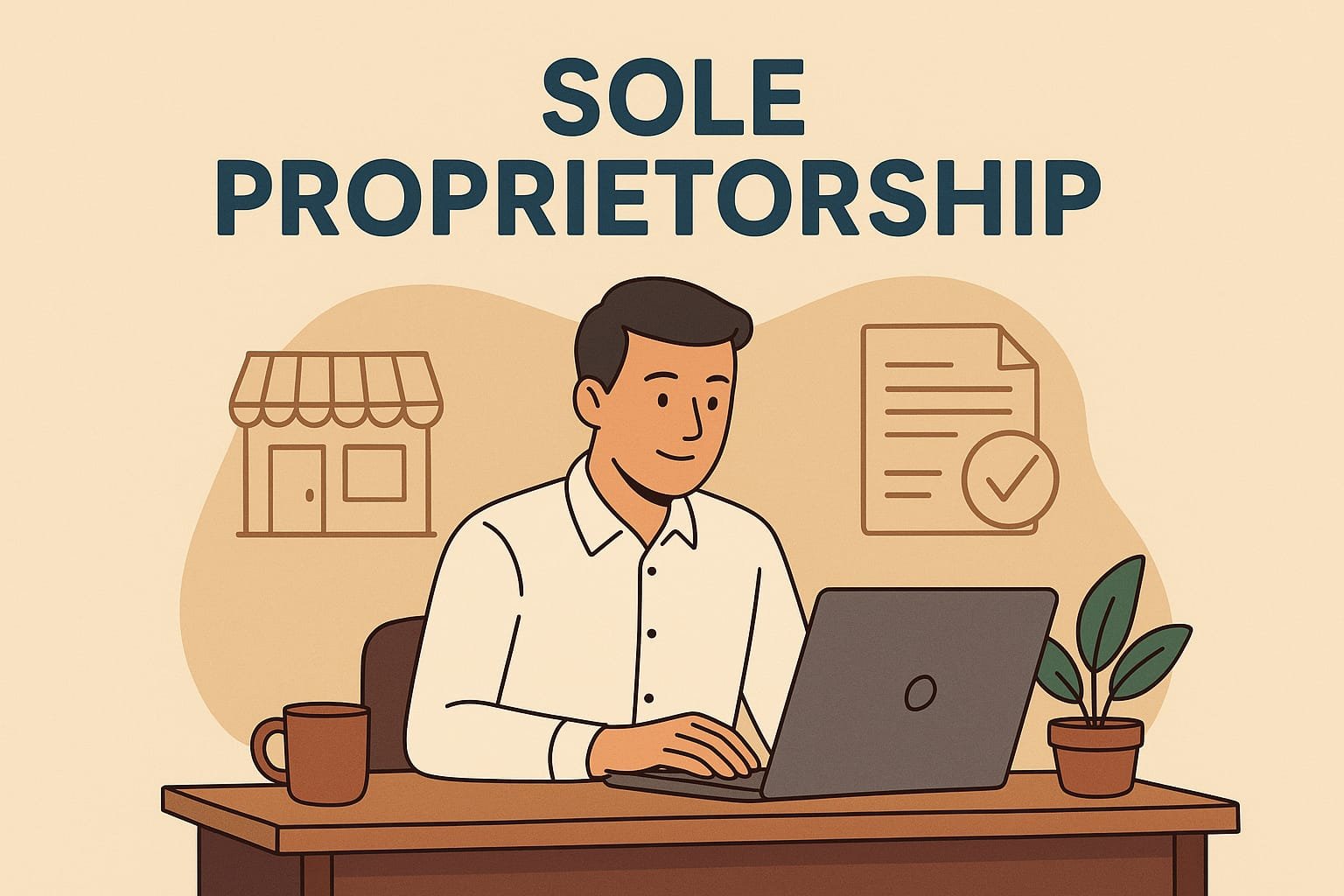 Illustration of a sole proprietorship concept showing a shop owner working on a laptop at a desk, with a small storefront and cash register in the background. The text reads “SOLE PROPRIETORSHIP – Simple • Flexible • Owned by One” on a blue background.