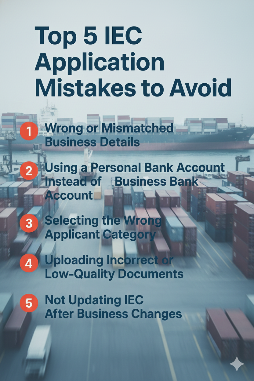Informative blog content explaining the ‘Top 5 IEC Application Mistakes to Avoid’ before applying for an Import Export Code (IEC). The article highlights key mistakes such as mismatched business details, using a personal bank account, selecting the wrong applicant category, uploading low-quality documents, and not updating IEC after business changes. It also mentions how BizBandhu helps with accurate, error-free IEC filing and provides contact details for assistance.