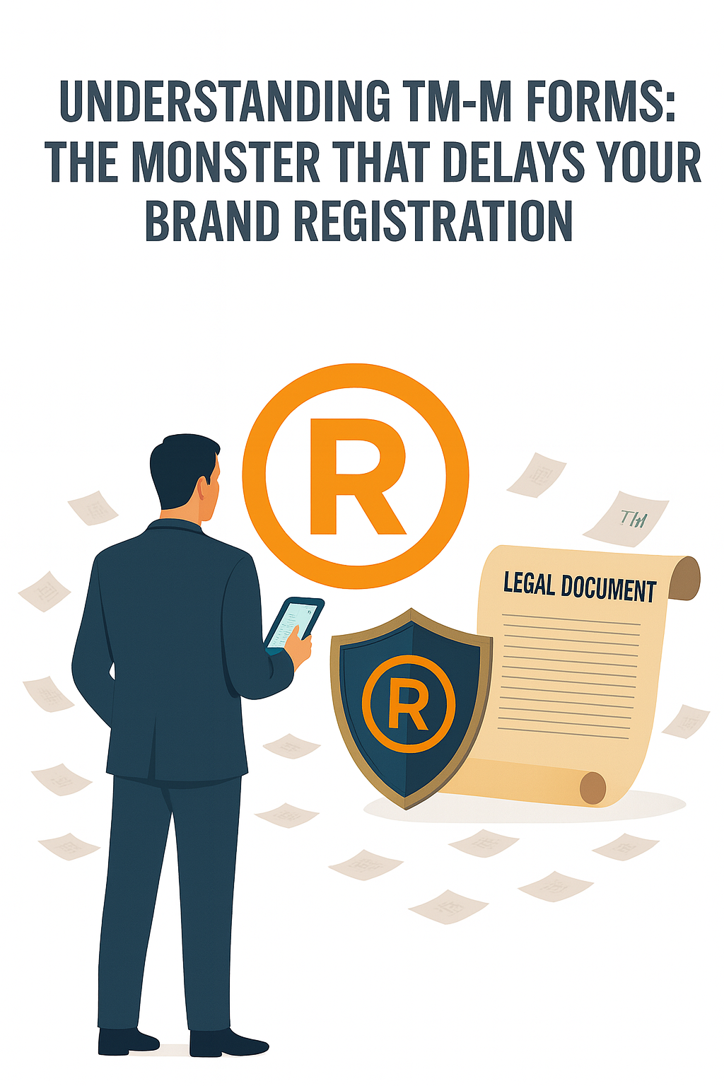 “Businessman reviewing trademark documents with ® symbol and legal scroll.”