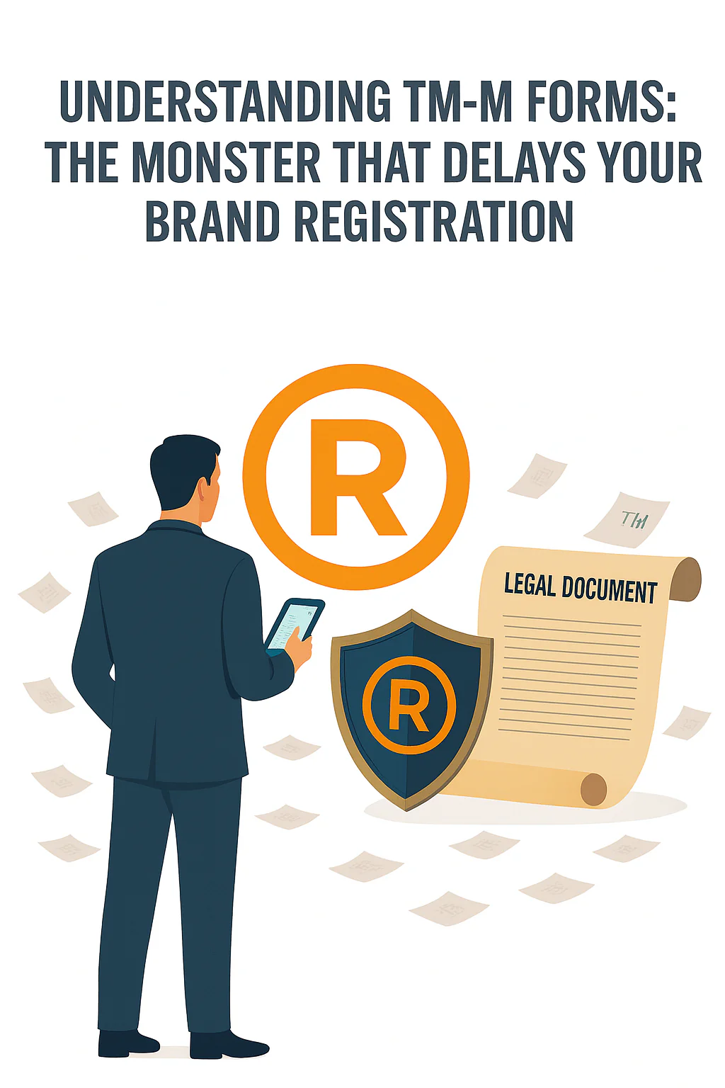 “Businessman reviewing trademark documents with ® symbol and legal scroll.”